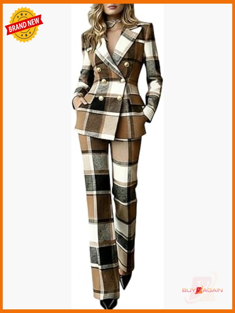 Classic Plaid Pant Suit Blazer & Wide Leg Pants Set